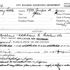 Building Inspectors Card: 87/89 Cowper Street, Glebe. Alterations and additions to kitchen etc. 1 