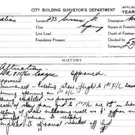 Building Inspectors Card: 273 Sussex Street, Sydney. Alterations. 1 Card. 