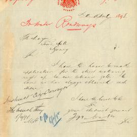 Letter - Request for street watering to entrance gates of Agricultural Society, 1898