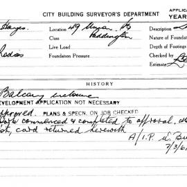 Building Inspectors Card: 49 Union St, Paddington. Balcony enclosure. 1 Card. 