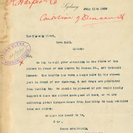 Letter: Robert Harper & Co, Empire Chambers, York St to TC. Beg to call attention to state of 