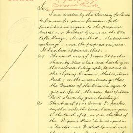 Letter - Proposed Cricket and Football Ground, Moore Park, 1896