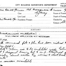 Building Inspectors Card: 165 Macquarie St, Sydney. Mechanical ventilation. 1 Card. 