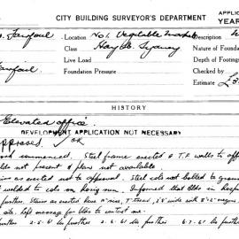 Building Inspectors Card: No 1 Vegetable Market, Hay St, Sydney. Elevated office. 1 Card. 