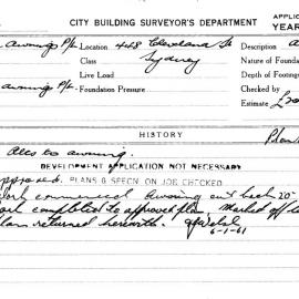 Building Inspectors Card: 448 Cleveland St, Sydney. Alts to awning. 1 Card. 