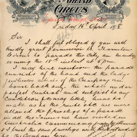 Letter - Request for Harmston's Grand Circus to parade the city, 1898 