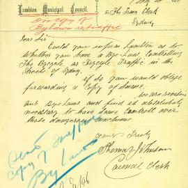 Letter -  Request for information on bylaws regulating bicycle or tricycle traffic, 1896 