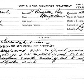 Building Inspectors Card: 21 Kingston Rd, Camperdown. Verandah enclosure. 1 Card. 