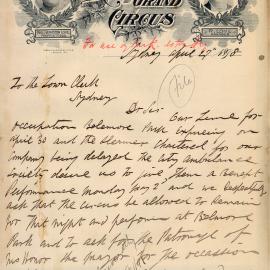 Letter - Request for circus to give benefit performance to City Ambulance Society, 1898