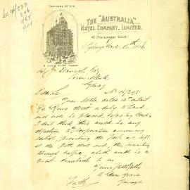 Letter - Control of Rowe Street, Australia Hotel, Castlereagh Street Sydney, 1896