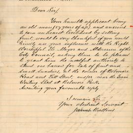 Letter - Requesting permission to stand a fruit barrow at the corner of Belmore Road and Pitt Street, 1898