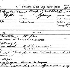 Building Inspectors Card: 2 Bligh St & 21 Bent St, Sydney. Partitions, 11th floor, Development 