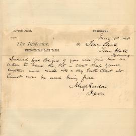 Memorandum: Hugh Gordon, Inspector at the Metropolitan Sale Yards, requests an Order to have the pit in 