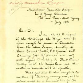 Letter - Deputation from Australasian Federation League, 1896