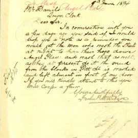 Letter - Need to hose Angel Place, 1894