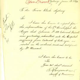 Memorandum: Inspector of Nuisances' office advising that Edward Driscoll labourer 322 was hospitalized 