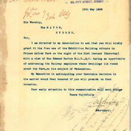 Letter - Request for use of Exhibition Building for Barton address to railway employees, 1898