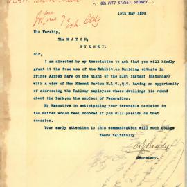 Letter - Request for use of Exhibition Building for Barton address to railway employees, 1898