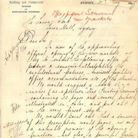 Letter - Offer to produce a souvenir booklet for Queen Victoria Building opening, 1898