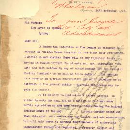 Letter - Request to ride the Eiffel Tower bicycle in the Eight Hour Procession, 1899