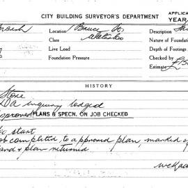 Building Inspectors Card: 1 Bruce St, Waterloo. Store, DA inquiry, approved 13/04/1961. 1 Card. 