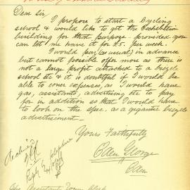 Letter - Request to use Exhibition Building for cycling school, 1896