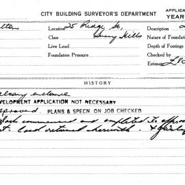 Building Inspectors Card: 25 Ridge Street, Surry Hills. Application to enclose balcony. 1 Card. 