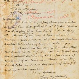 Letter - Complaint about bad state of Elizabeth Street Sydney, 1899