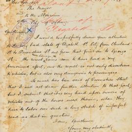 Letter - Complaint about bad state of Elizabeth Street Sydney, 1899