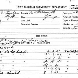 Building Inspectors Card: 70 William St, Sydney. Stairway in basement, Development application not 