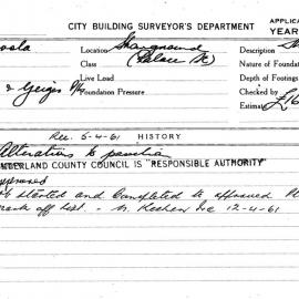 Building Inspectors Card: Showground, Palace St. Alterations to pavilion, Cumberland County Council 