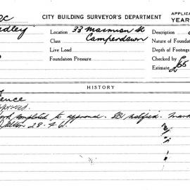 Building Inspectors Card: 33 Marmion St, Camperdown. Fence, approved 10/04/1961. 1 Card. 