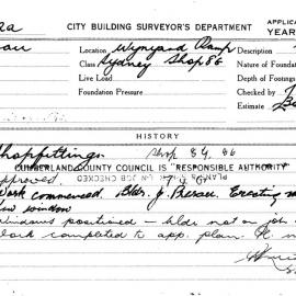 Building Inspectors Card: Wynyard Ramp, Sydney, Shop 8G. Shop fitting, Cumberland County Council is 