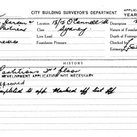 Building Inspectors Card: 13/15 O'Connell St, Sydney. Partitions, 2nd floor, Development 