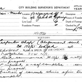 Building Inspectors Card: 1/3 Wynyard St & 4/6 York St, Sydney. Carpenter shop, DA173/61, 