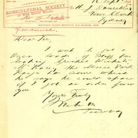 Letter: The Agricultural Society of NSW asks for a dozen loads of manure for the Cricket Wickets 