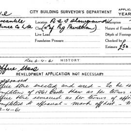 Building Inspectors Card: 17/19 Bridge St, Sydney. Perusal of plans. 1 Card. 