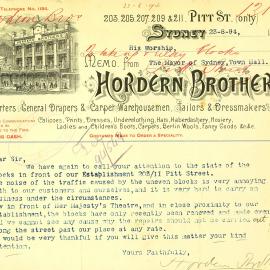 Letter - Compliant about uneven street blocks, Horden Brothers, Pitt Street Sydney, 1894