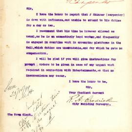 Memorandum - City Building Surveyor advising J Skinner to be paid while sick with influenza, 1899