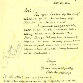 Letter - Request to paint obelisk in Hyde Park, 1896