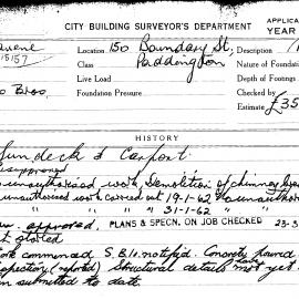 Building Inspectors Card: 150 Boundary St, Paddington. Sundeck & Carport, AM approved 26/01/1962. 