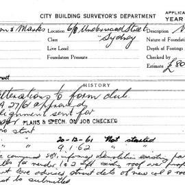 Building Inspectors Card: 6/8 Underwood Street, Sydney. Alterations to form Club, DA27/61 approved 