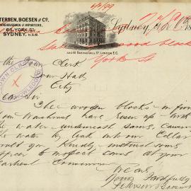 Letter – Water leakage at Petersen, Boesen and Co Warehouse 65 York Street Sydney, 1899
