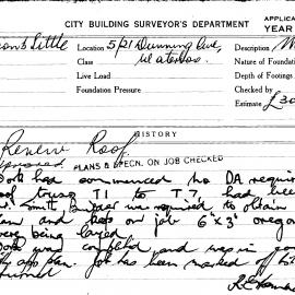 Building Inspectors Card: 5/21 Dunning Ave, Waterloo. Renew Roof, approved 30/11/1961. 1 Card.