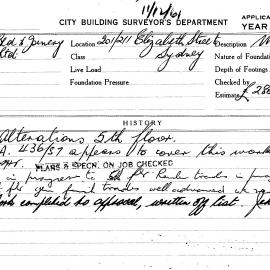 Building Inspectors Card: 201/211 Elizabeth Street, Sydney. Alterations 5th floor, DA436/57 