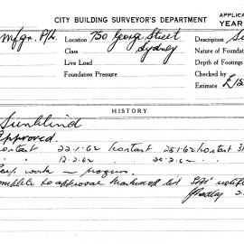 Building Inspectors Card: 750 George Street, Sydney. Sunblind, approved 8/12/1961. 1 Card.