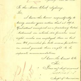 Letter – Recommendation for separate water closets at 172A York Street Sydney, 1896