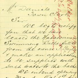 Letter - request for supply of salt water to Natatorium, Pitt Street Haymarket, 1894