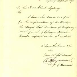 Memorandum: Richard Seymour, Inspector of Nuisances. The term of temporary employment of labourer Patrick 
