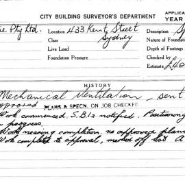 Building Inspectors Card: 433 Kent Street, Mechanical ventilation, approved 19/12/1961. 1 Card.